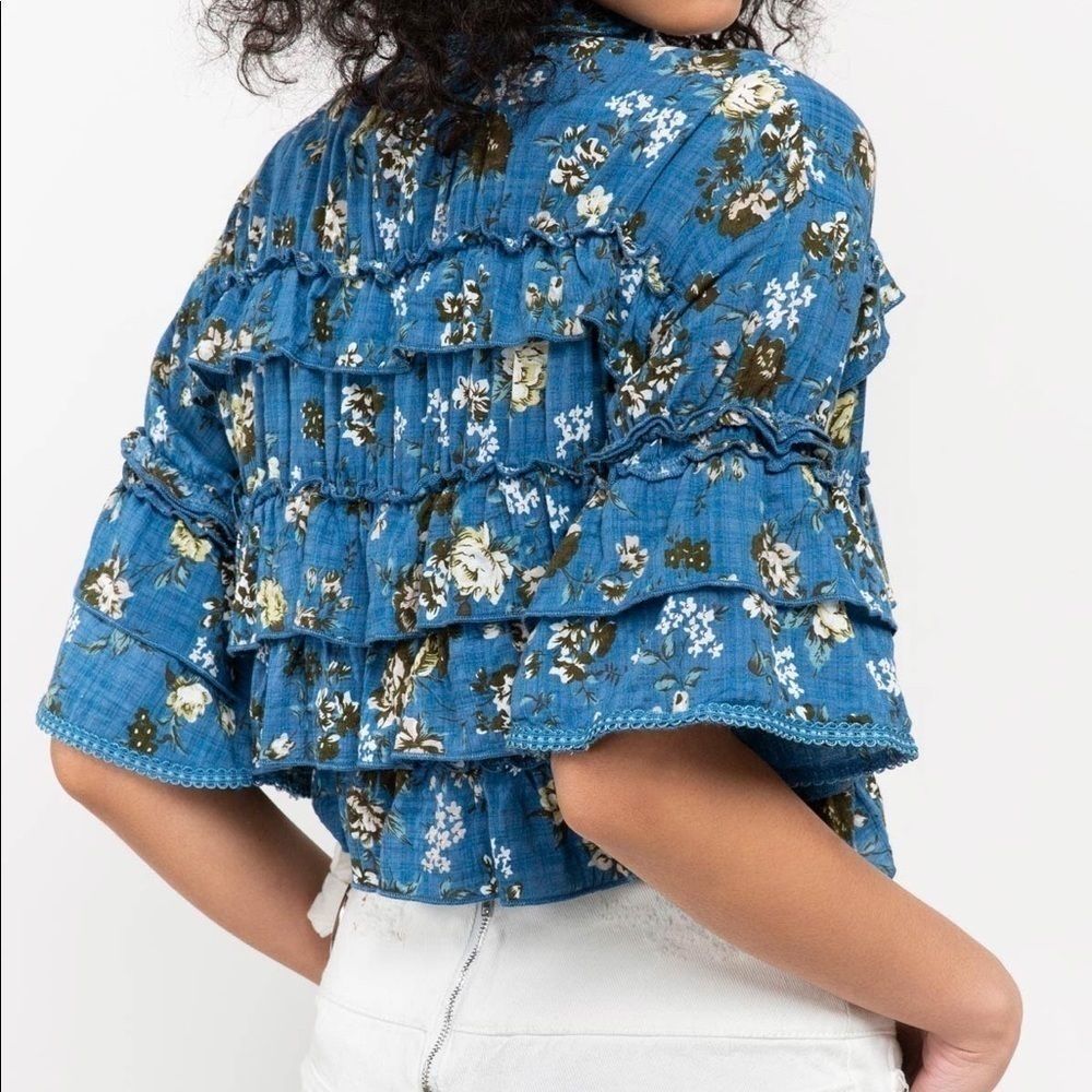 Blue cottagecore ruffle button down mid sleeve top